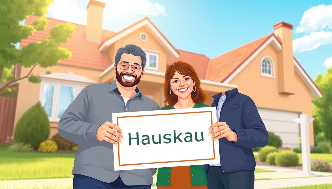 Couple celebrating their Hauskauf in front of a newly purchased house.