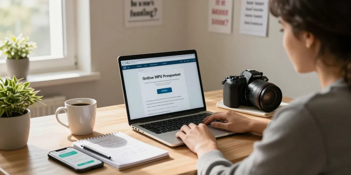 Fesselnde Home-Office-Szene, die die MPU Vorbereitung online mit einem Laptop und Studienmaterialien zeigt.