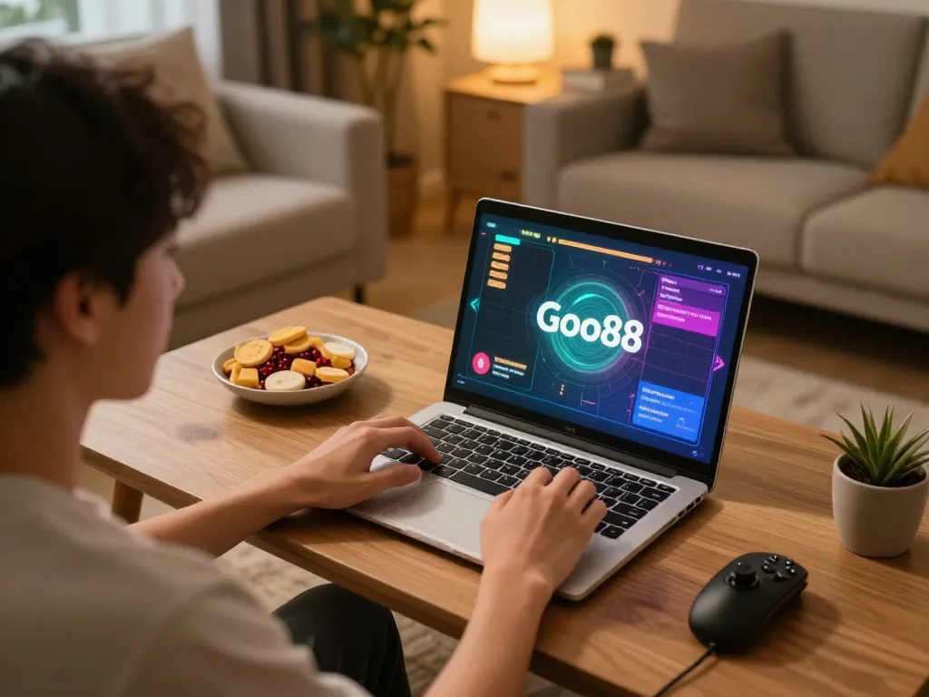 Engaging in Go88 online gambling with focused laptop display in a cozy home setting.