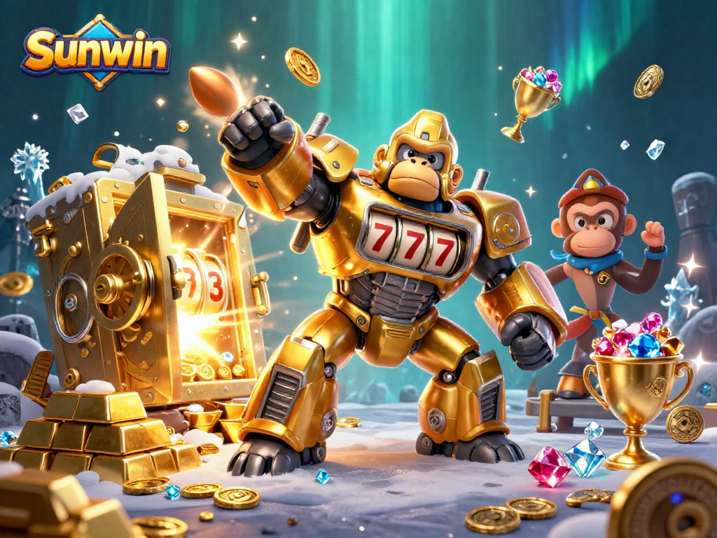 Win big with Sunwin's golden gorilla mech amidst dazzling treasure in this vibrant casino scene.