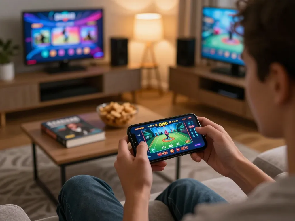 Player interacting with the gg88 app while enjoying a comfortable home gaming experience, showcasing vibrant gaming activity.