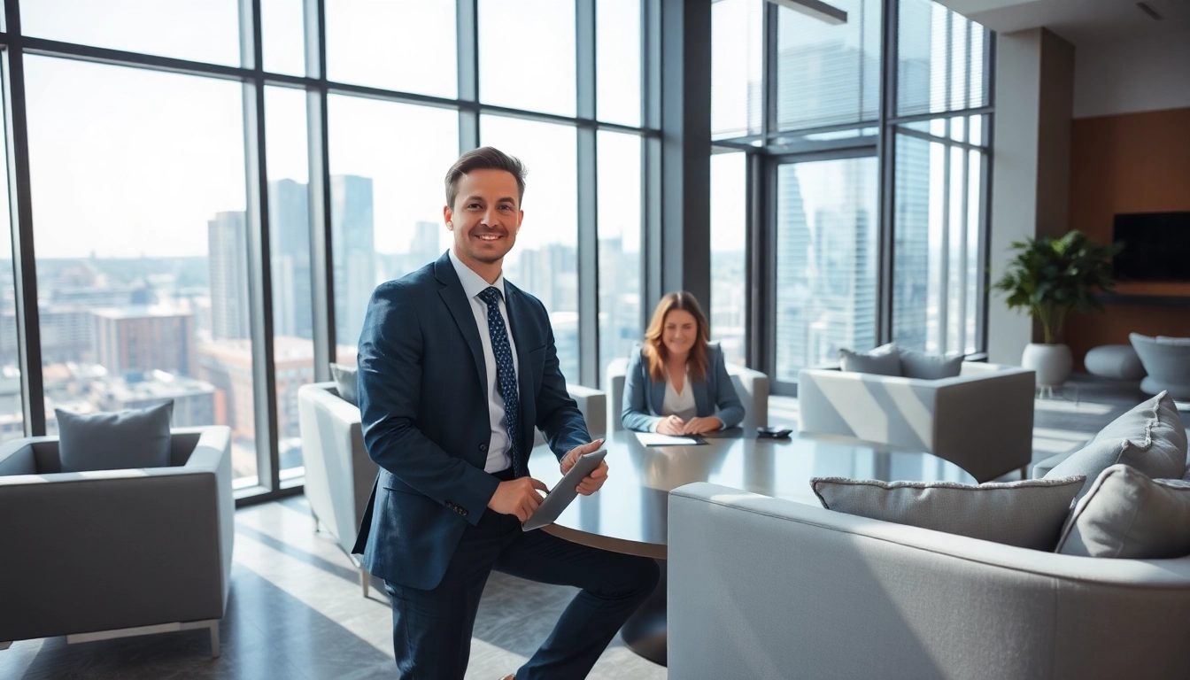 Immobilienmakler Frankfurt Ginnheim berät Kunden in modernem Büro mit lichtdurchflutetem Ambiente.
