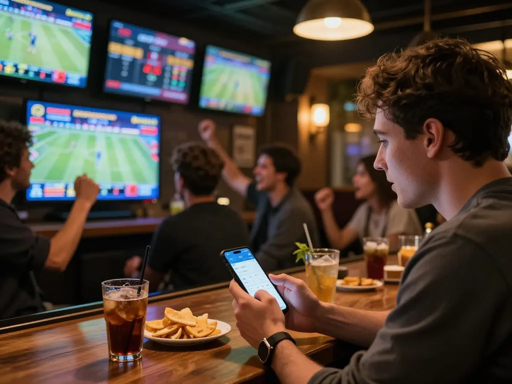 Experience thrilling sports betting action at Fabet with friends cheering and live game screens.