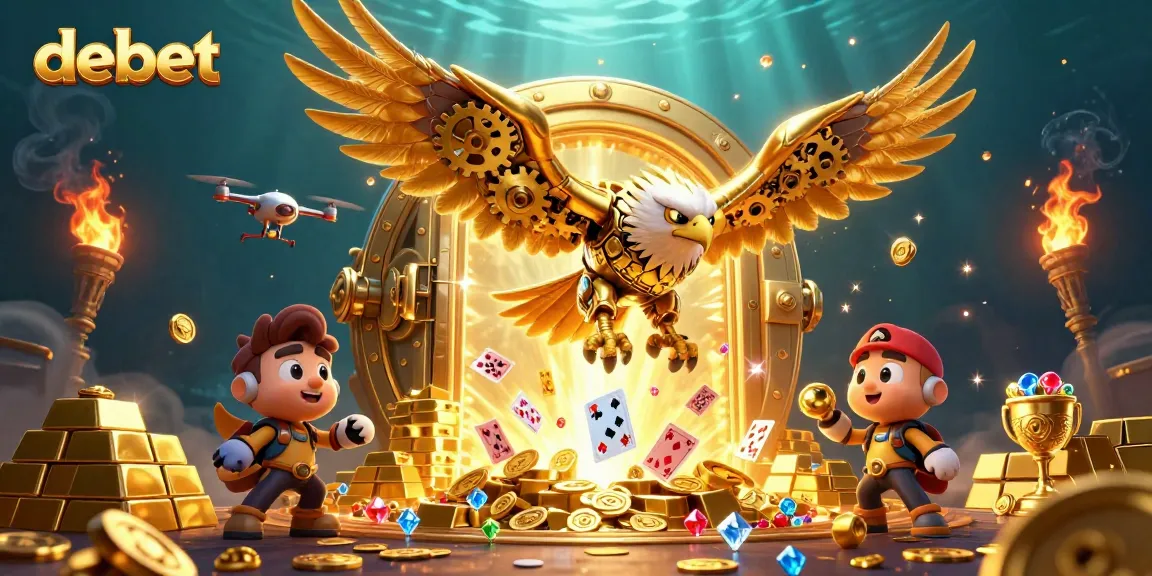 Engage in thrilling debet gaming with a cybernetic eagle amidst sparkling treasures and cards.