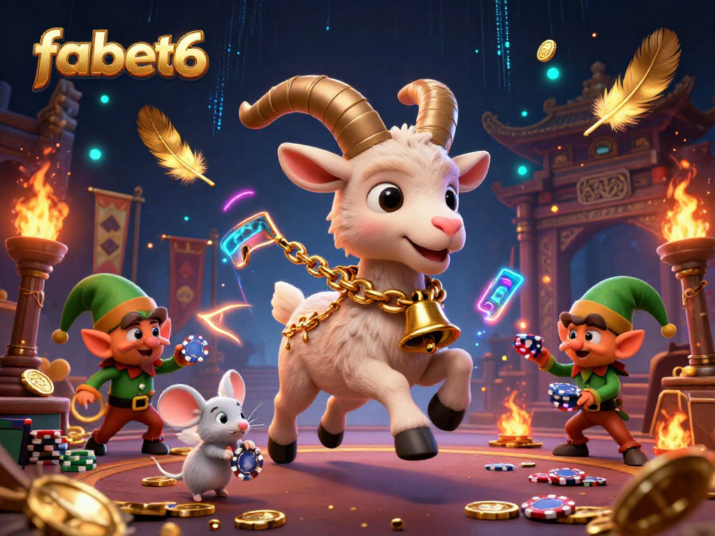 fabet6 engages with festive Krampus goat in a lively casino scene, featuring playful gremlins.