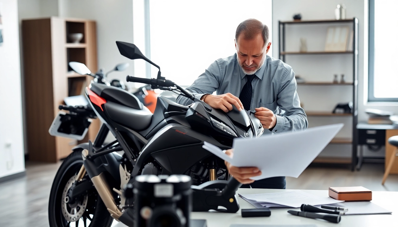 Motorrad Gutachter überprüft ein Motorrad in einem modernen Büro mit verschiedenen Werkzeugen und Dokumentationen.