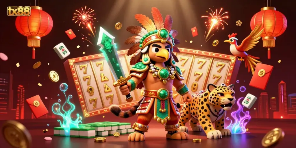 Experience thrilling action at tx88 with Aztec warriors, rich colors, and exciting casino elements.