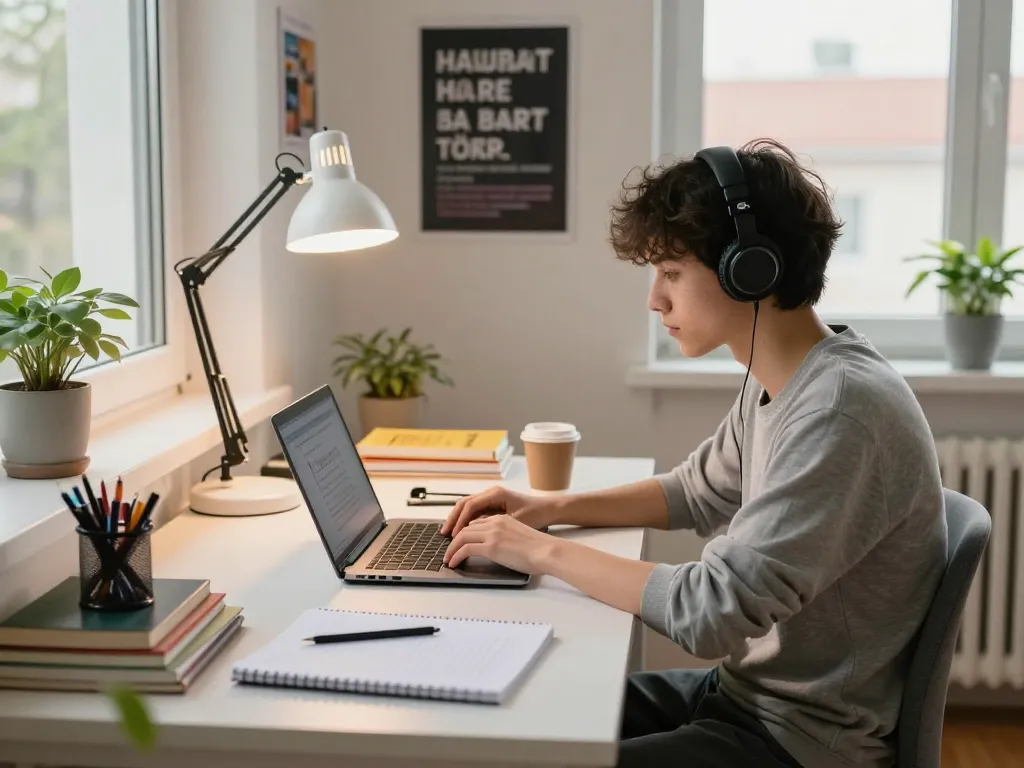 Student, der sich auf Hausaufgaben lösen in einem modernen Arbeitszimmer mit heller Dekoration und inspirierender Atmosphäre konzentriert.