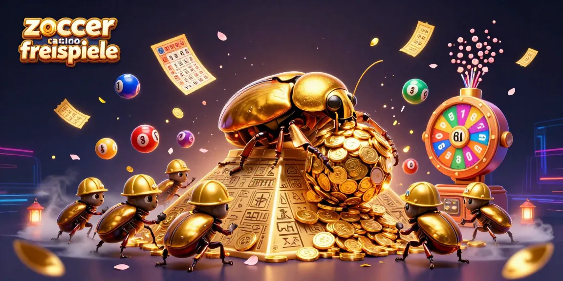 Zoccer casino freispiele showcase with dynamic golden beetles, casino symbols, and vibrant game elements.
