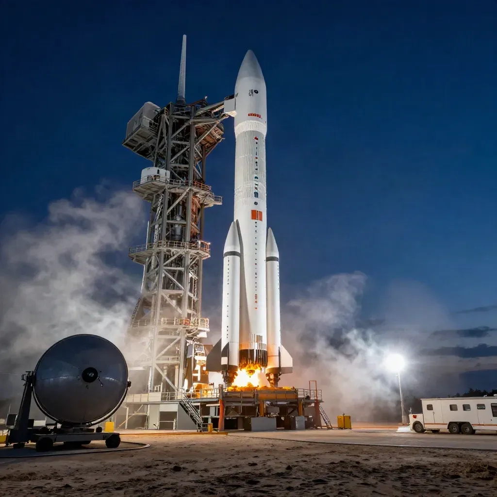 Ariane-6 auf der Startrampe mit Schüssel, Kuppel und Küstennebel bei Nacht.