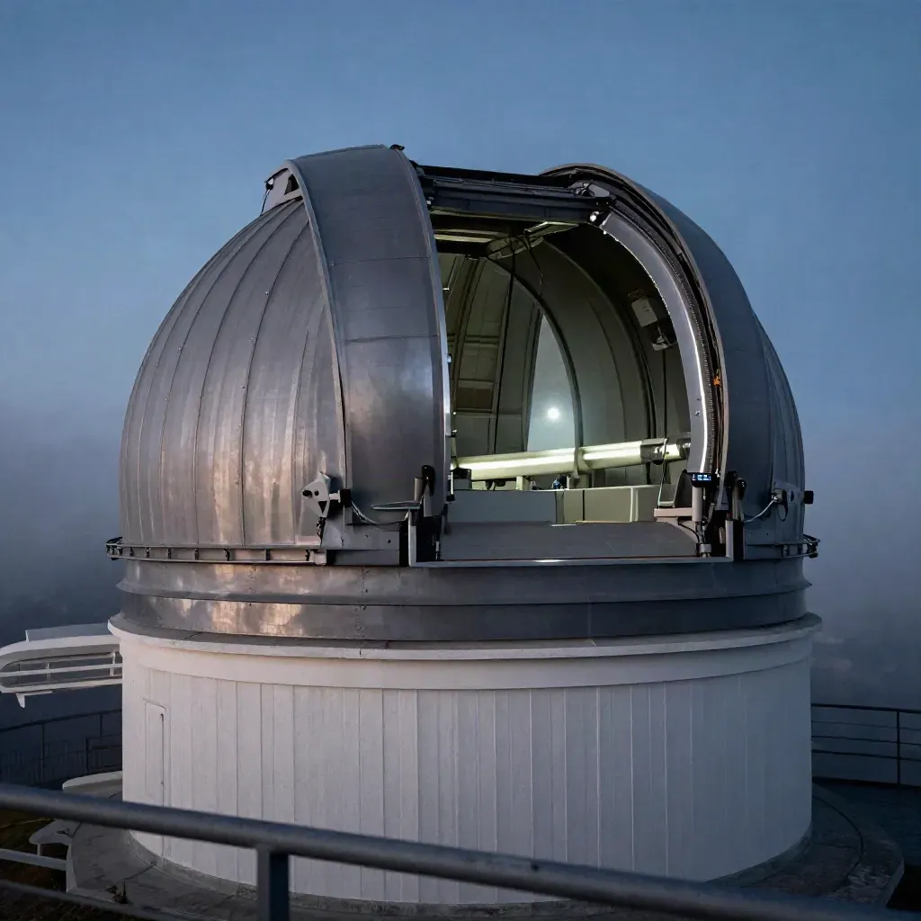 Geöffnete Sternwartekuppel mit großem Teleskop im kalten Nachtnebel, Blick auf den Sternenhimmel.