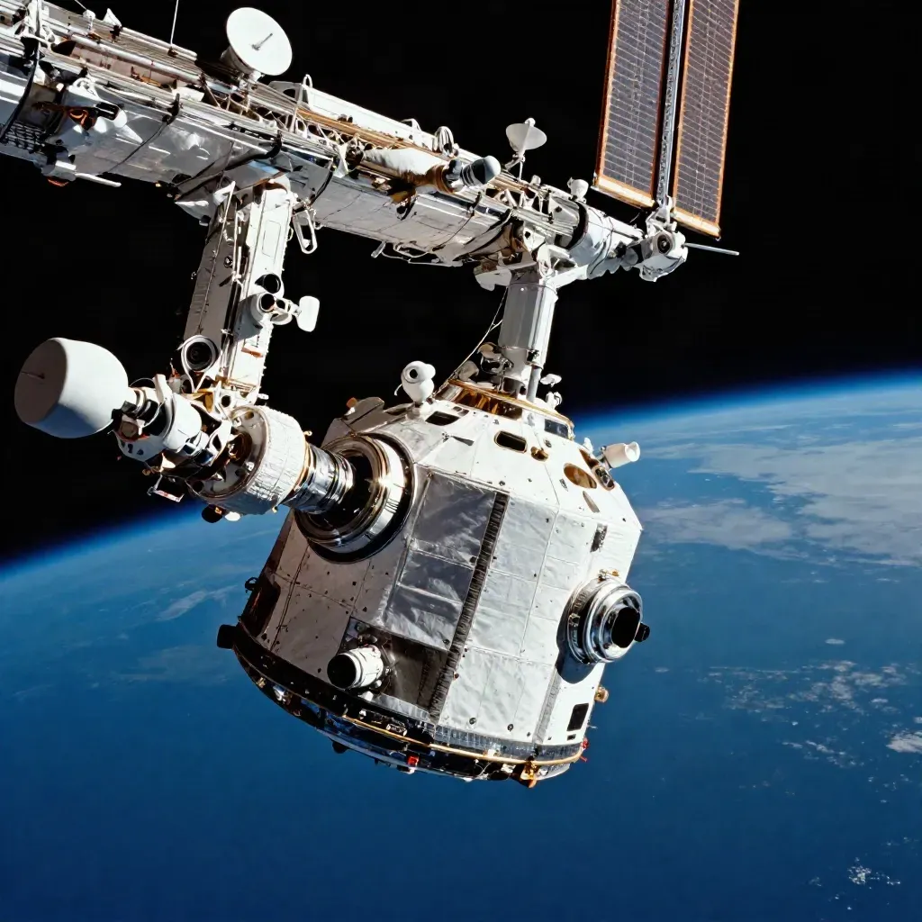 Andockende Crew-Kapsel vor der ISS über der Erdkrümmung, mit blauem Lichtsaum