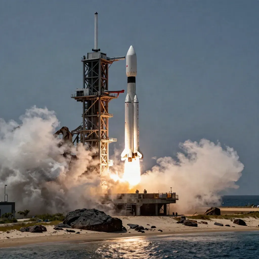 Falcon-9 startet an der Küste mit hellem Abgasstrahl, Startturm und dunklem Meer.