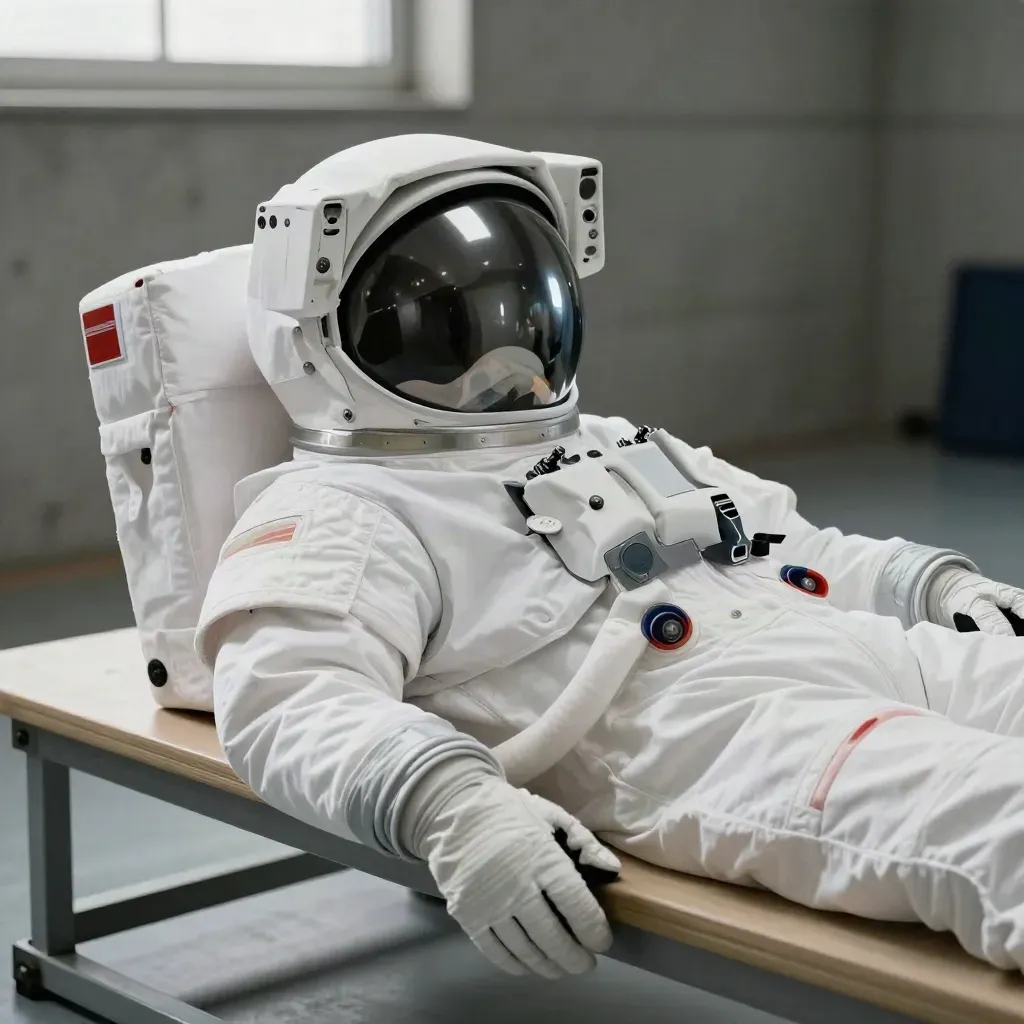 Astronauten-Trainingsanzug mit Helm auf schmaler Bank in ruhiger Trainingshalle.