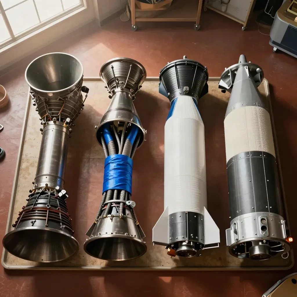 Raketenstufen und Düsenring in geordneter Werkstattansicht von oben
