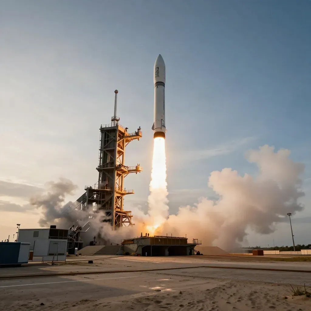 Ariane-6-Startspur über dem Startgelände mit Rauchwolke und diagonaler Flugbahn.