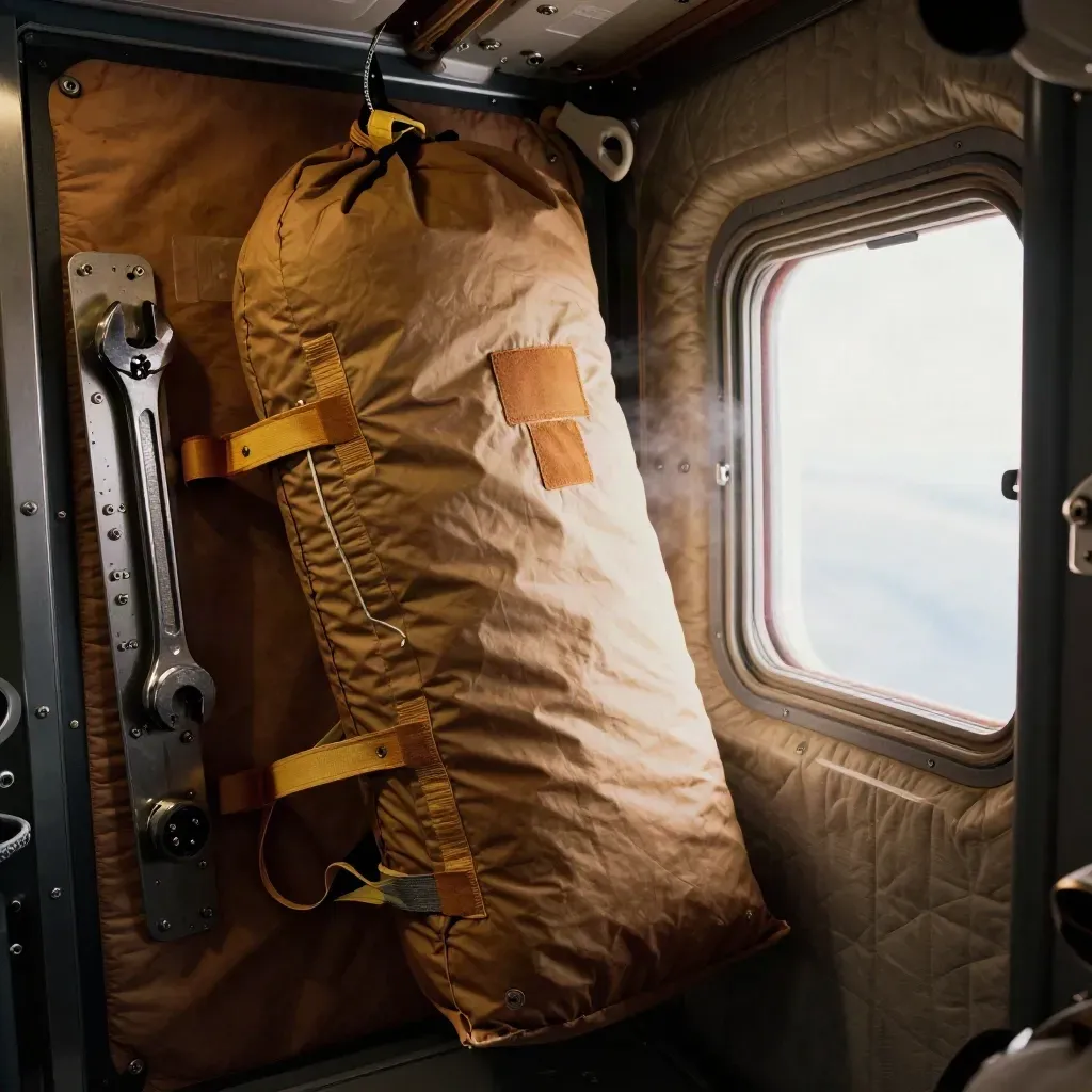 ISS-Innenraum mit Schlafsack, Werkzeugleiste und Lichtstreifen am Fenster
