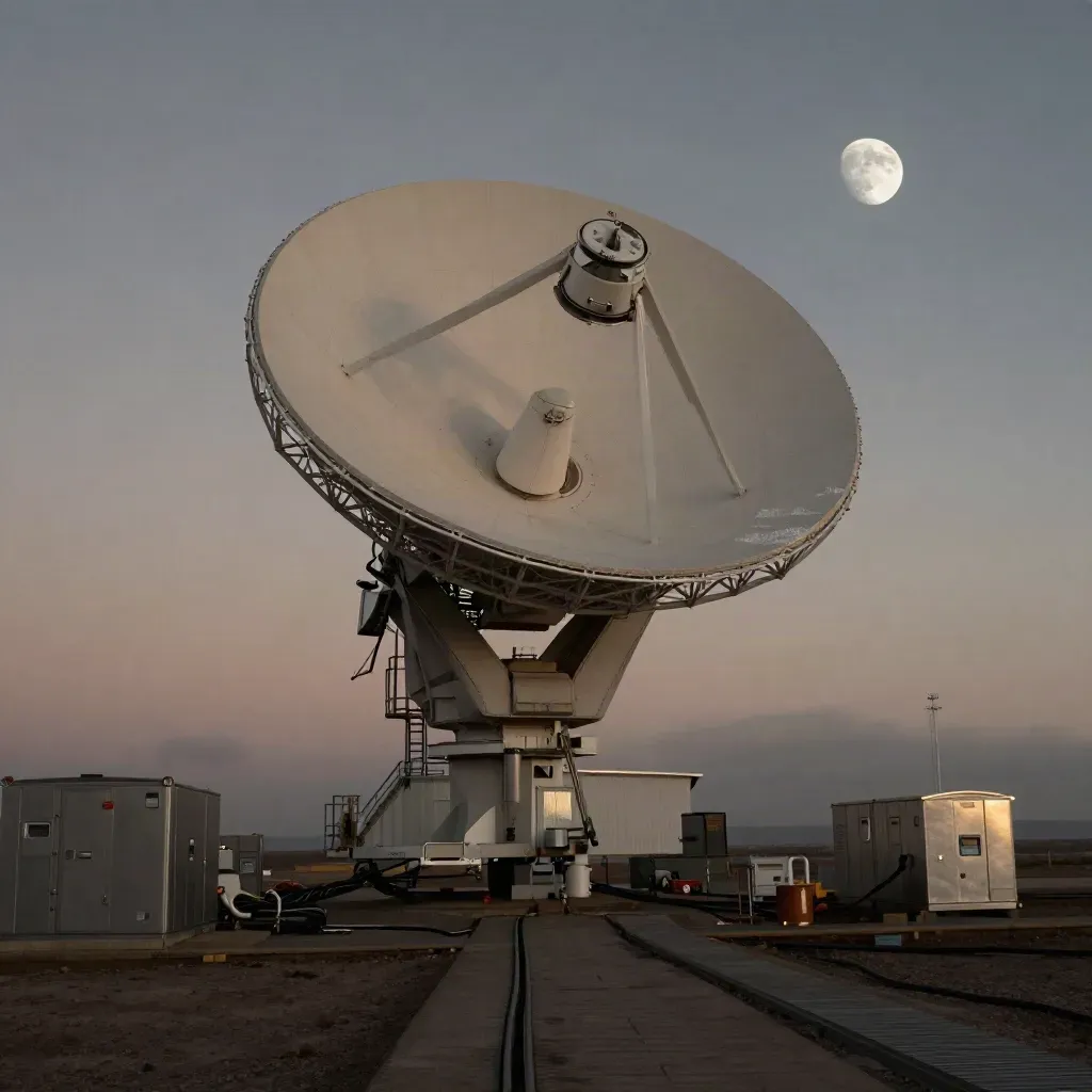 ESA-Antenne richtet sich im Mondaufgang über einem stillen Technikgelände aus.