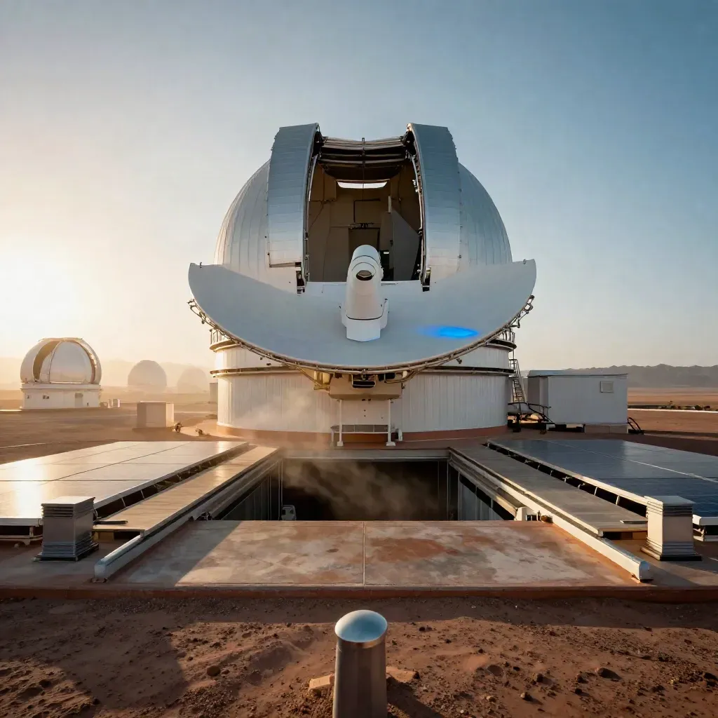Sonnenobservatorium mit offenem Dach und Schutzschirm in flimmernder Morgenhitze