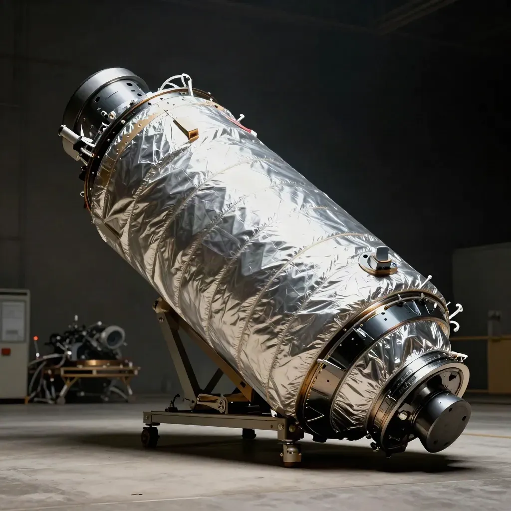 Hubble-ähnliches Teleskopgehäuse in dunkler Wartungshalle, schräg seitlich beleuchtet.