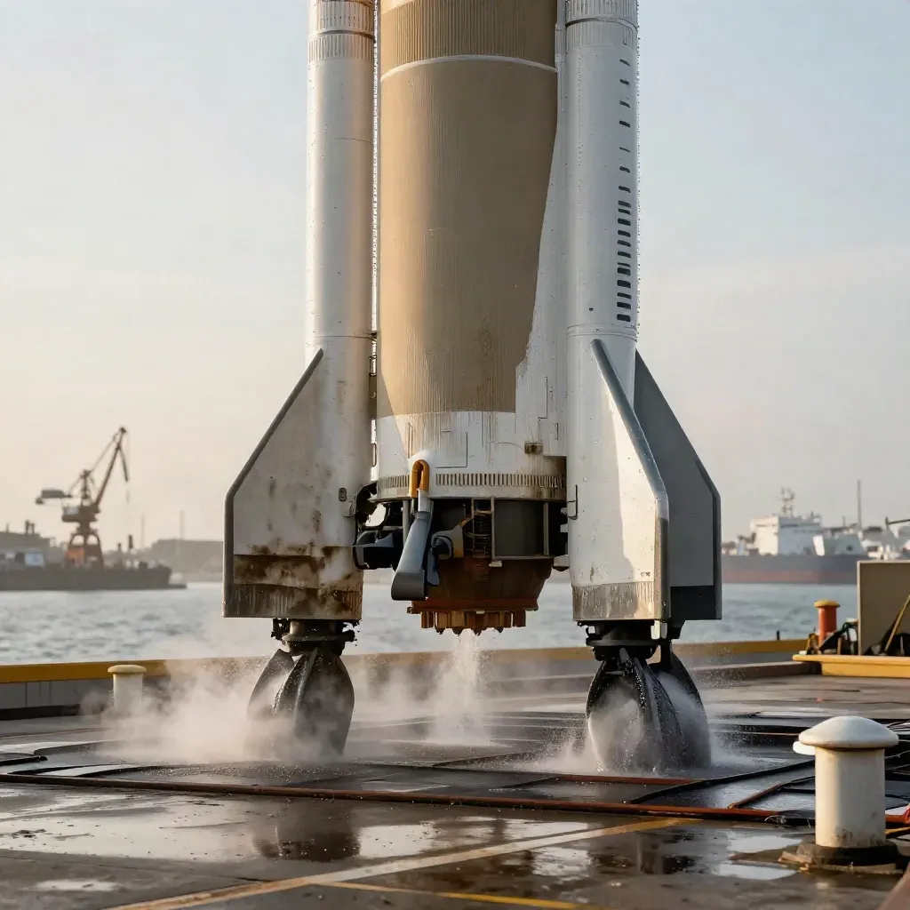 Falcon-9-Erststufe nach der Landung mit Dampf vor Hafenhintergrund