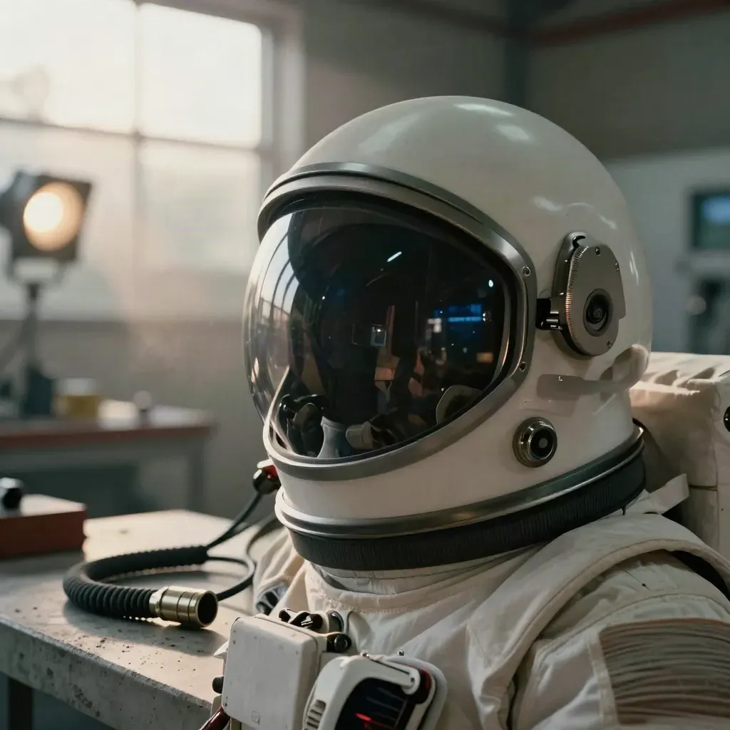 Astronautenhelm mit offenem Visier auf einer Werkbank im warmen Werkstattlicht.