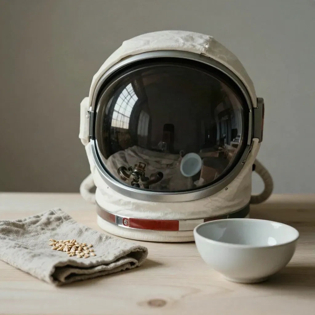 Astronauten-Helmvisier mit Kragenring, Leinentuch und Keramikschale auf hellem Holz.