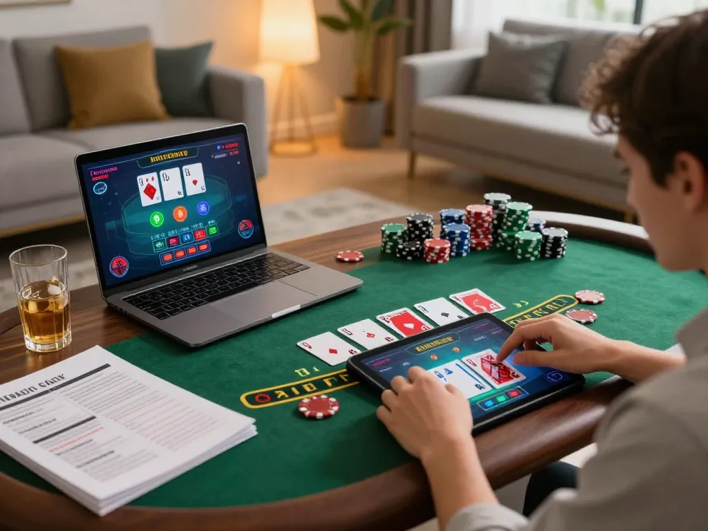 LUCK8 trưng bày một người chơi tham gia vào trò chơi blackjack với dealer trực tiếp trên một chiếc máy tính bảng trong bối cảnh ấm cúng tại nhà, nhấn mạnh việc cá cược trực tuyến chiến lược.