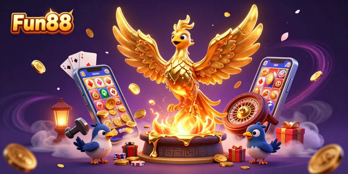 Engage with Fun88’s thrilling slots as a molten golden phoenix emerges, surrounded by winning elements.