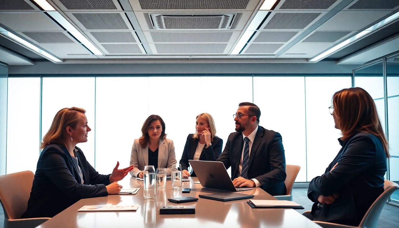 Beraterteam strategisch bei einer Unternehmensberatung im modernen Konferenzraum.