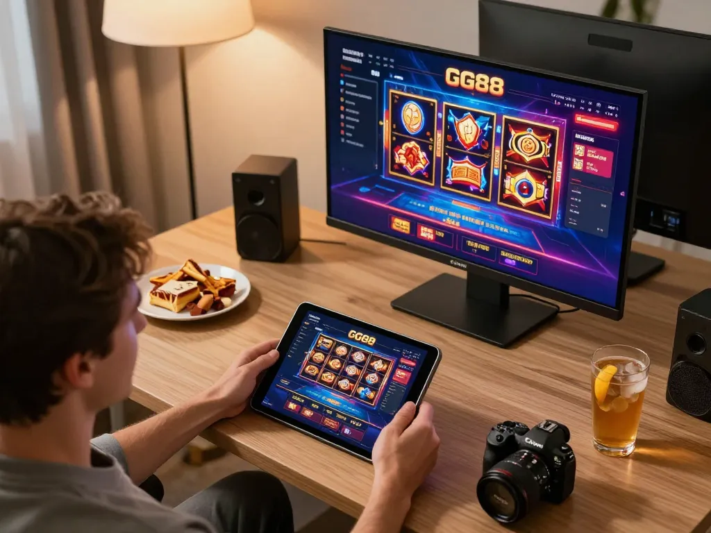 GG88 player enjoying an online gaming session with a tablet in a stylish setting.