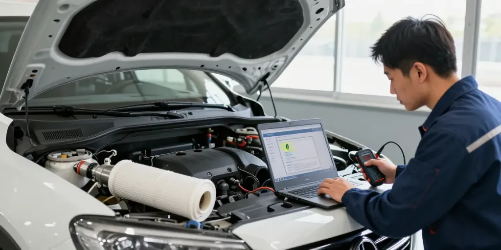Mechaniker arbeitet an DPF-Regeneration in einer gut beleuchteten Garage.