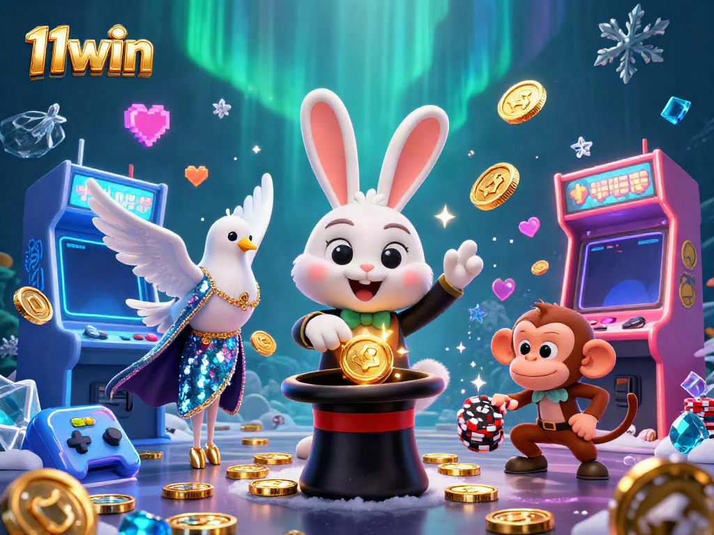 Experience the magic of 11win with a rabbit pulling coins and vibrant gaming elements in a dynamic casino scene.
