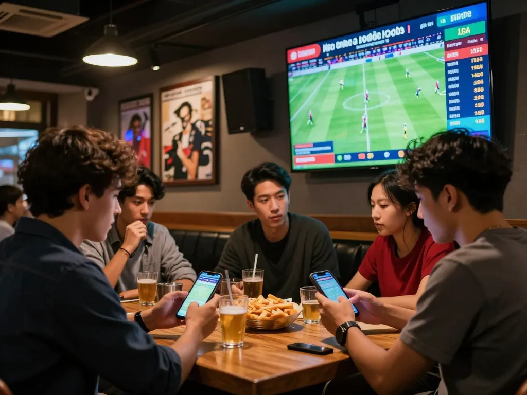 Engaging sports betting scene with kèo nhà cái odds displayed, enthusiastic bettors analyzing live matches.