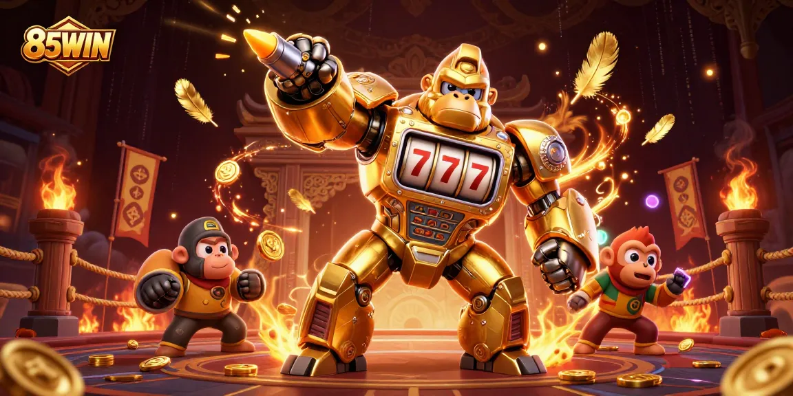 85WIN features a dynamic transformer-style gaming mech amidst a vibrant casino atmosphere.