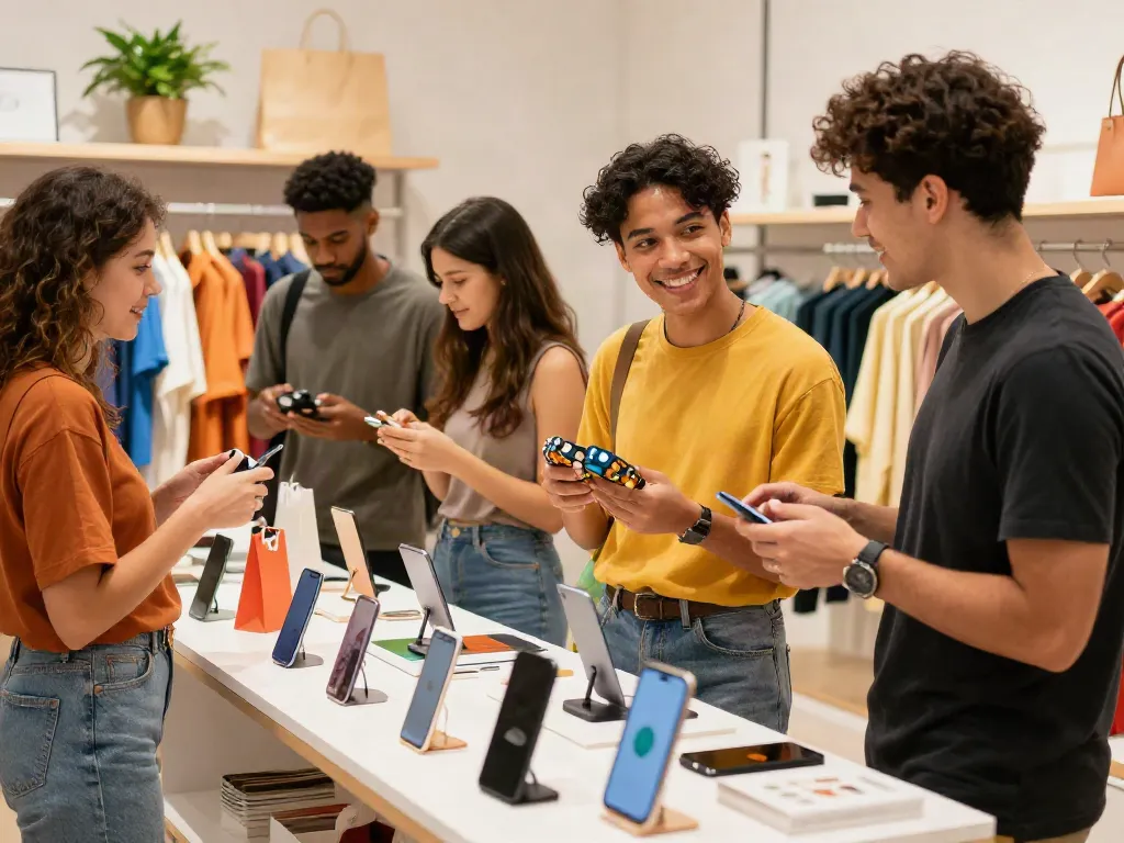 Engaging shopping experience at ROKOK88 link showcasing diverse individuals interacting with trendy products in a vibrant retail atmosphere.