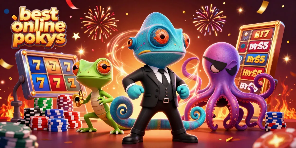 Engage with the best online pokies in a vibrant casino scene featuring a chameleon, gecko, and octopus.