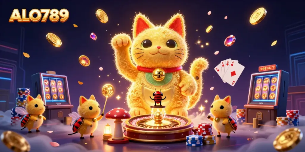 Engage with the dynamic ALO789 casino world featuring a lucky cat created by golden fireflies, enhanced with vibrant game elements.