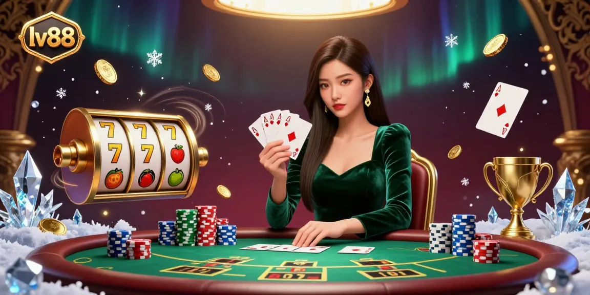 Experience high-stakes gambling at lv88, where a stunning poker table scene features a focused player holding cards amidst vibrant casino elements.