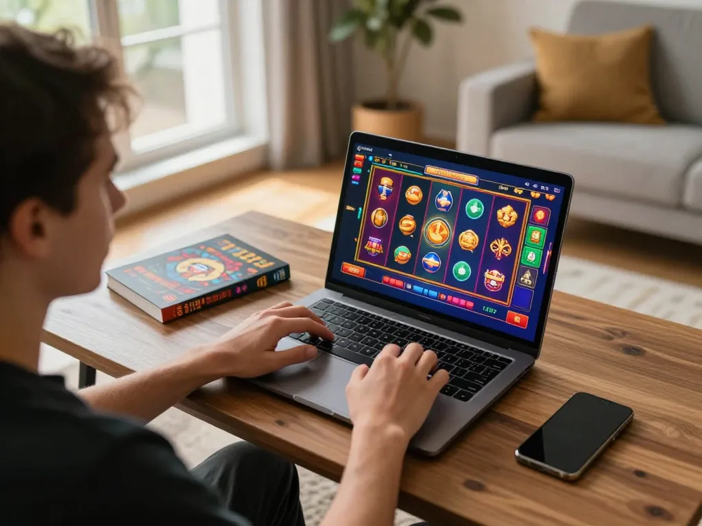 Person enjoying iwin casino games on a laptop in a cozy home setting, highlighting online gambling