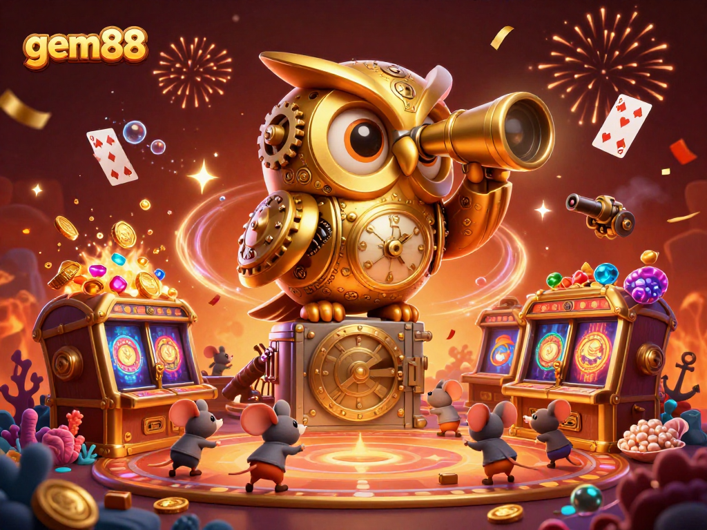 Engage in thrilling gameplay at gem88 with a vibrant 3D casino scene featuring slot machines and animated characters.
