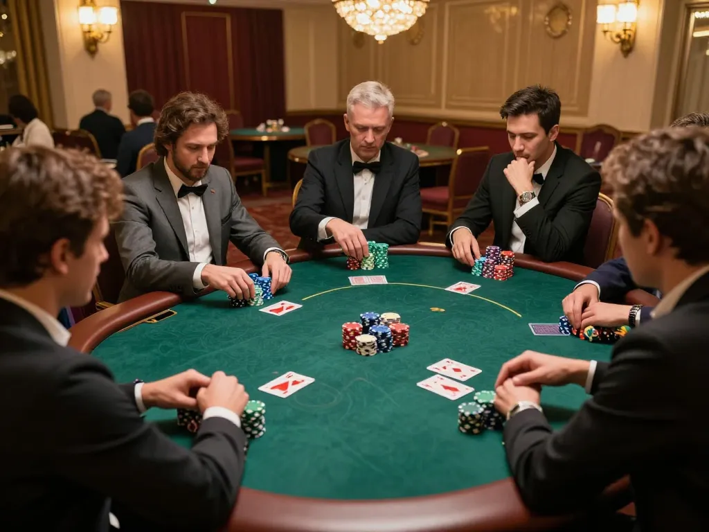 Rikvip players strategizing in an elevated poker game scene, showcasing vibrant chips and warm casino lighting