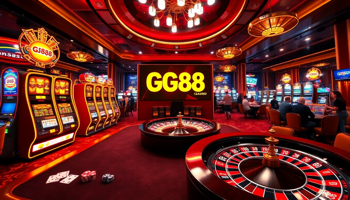 Experience the excitement of GG88 in a vibrant casino scene filled with slot machines and poker action.