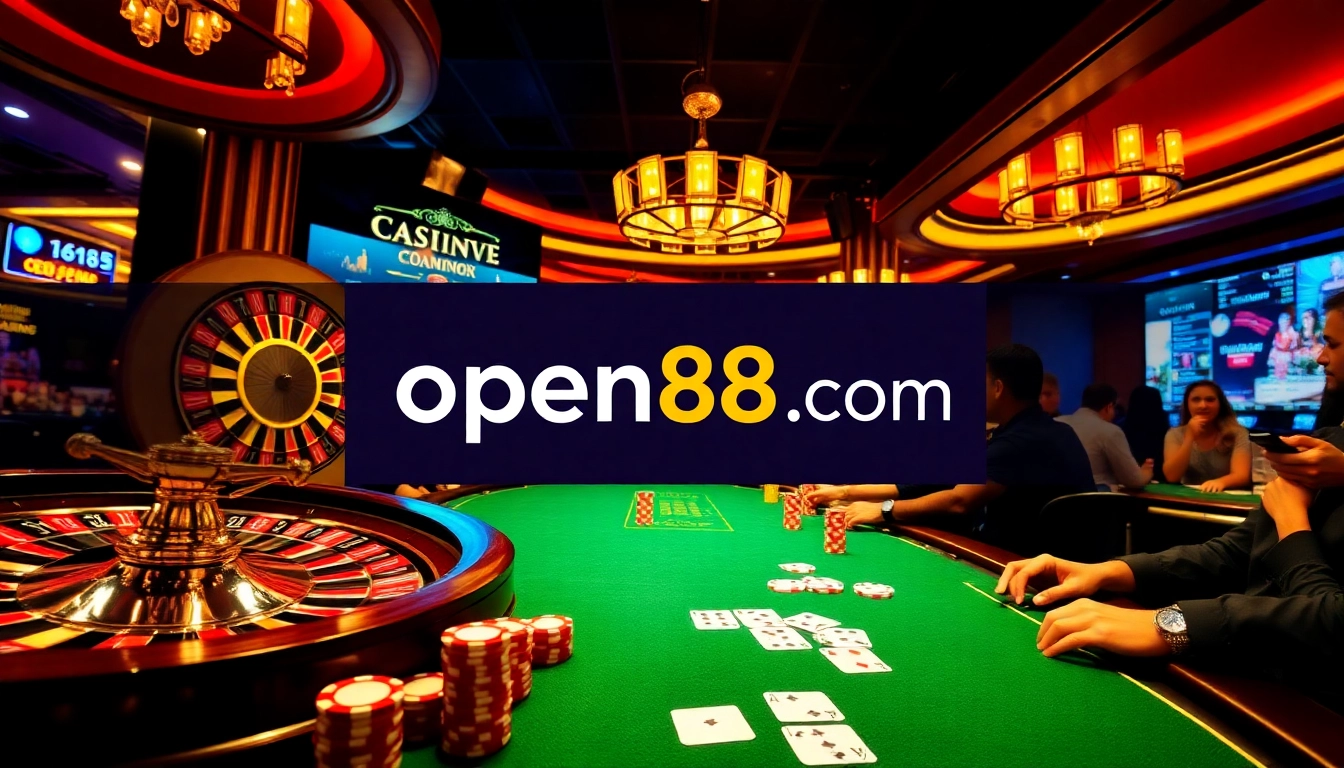 Players enjoying a thrilling game night at open88.com with vibrant casino elements.