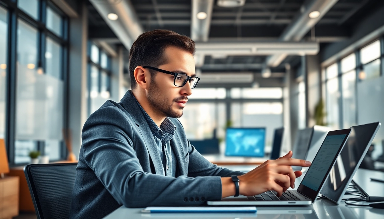 Headhunter Ingenieure arbeitet konzentriert in einem modernen Büro mit technologischem Ambiente.