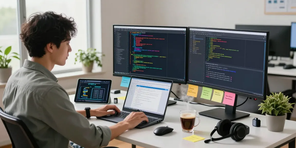 Professioneller IT-Arbeitsplatz mit Software-Entwickler, der Terminal Server CAL 2025 User kaufen vorbereitet und an dualen Monitore arbeitet.