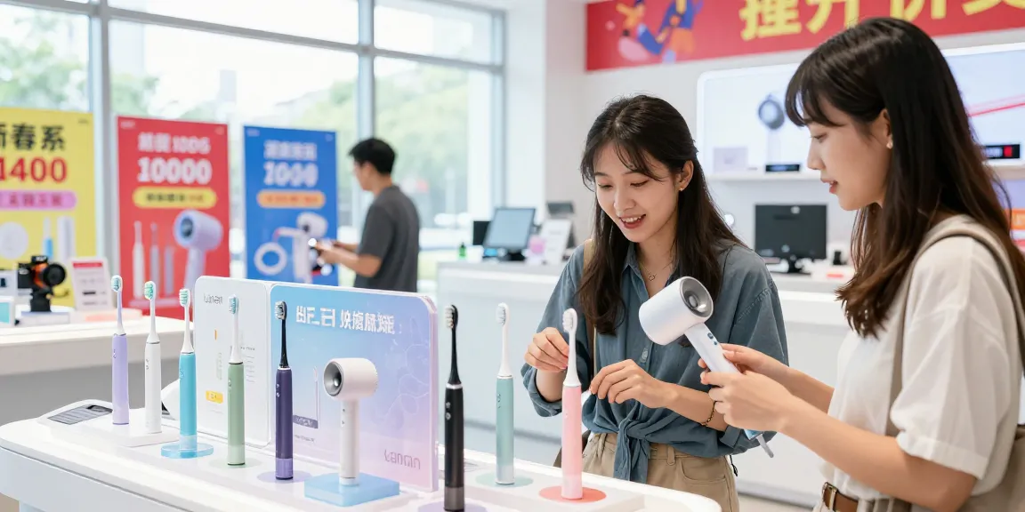 Erleben Sie den Laifen de Prime Day Sale mit elektrischen Zahnbürsten und Haartrocknern in einem modernen Geschäft.