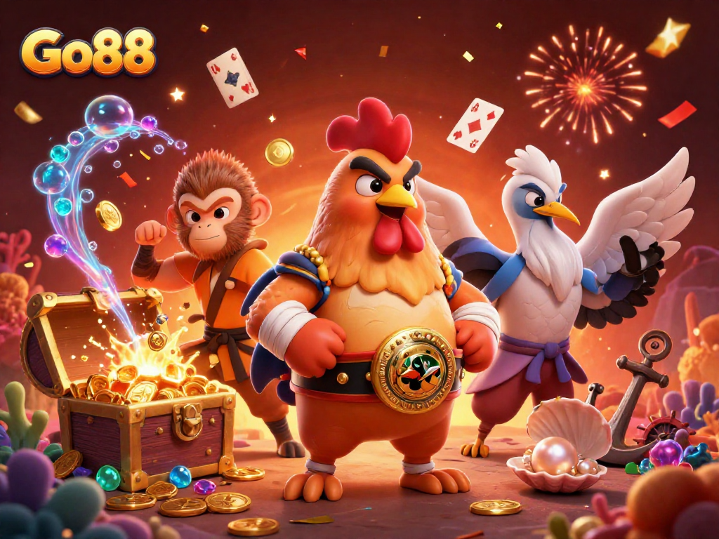 Experience thrilling gaming action with Go88's vibrant 3D illustration of unique casino characters.