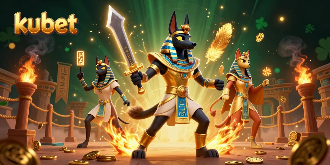 Experience thrilling adventures with kubet in a vibrant and exciting 3D casino scene featuring Anubis and Bastet.