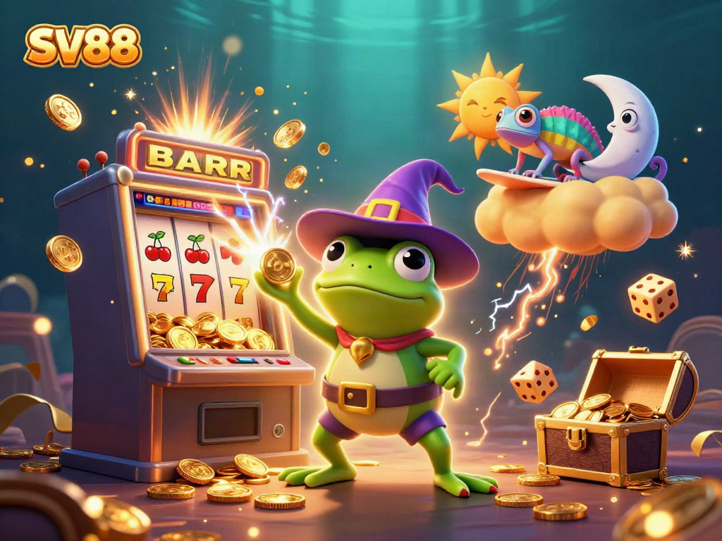 Experience the thrill of SV88 with a cartoon wizard frog and chameleon amidst a jackpot explosion.